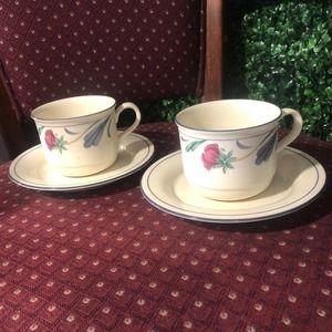 Set of 2 Lenox Chinastone Poppies on Blue Coffee Tea Cups & Saucers Small Chip